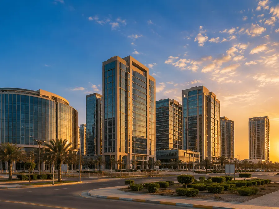 Office towers and streetscape in Khalifa City, Abu Dhabi