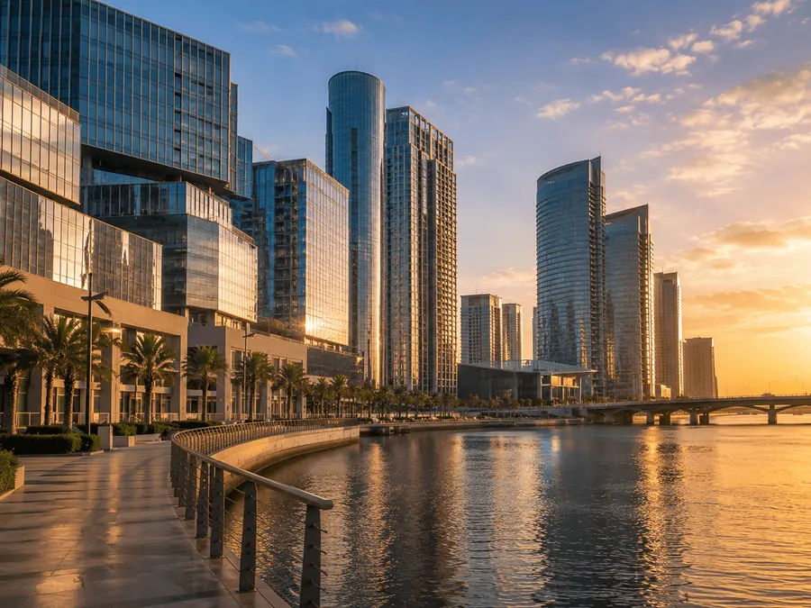 Office towers and streetscape in Al Maryah Island, Abu Dhabi