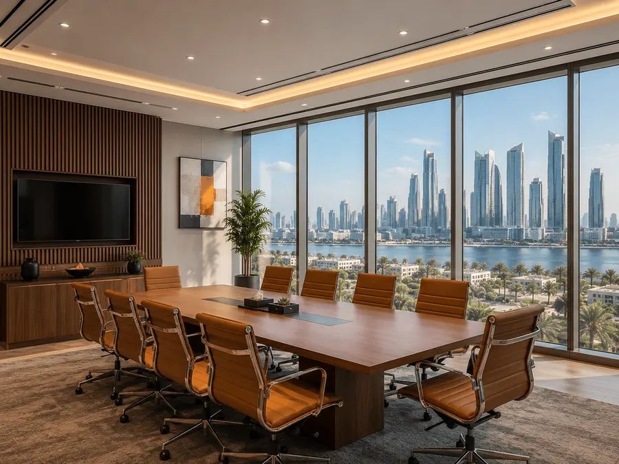 Meeting room table and screen in an Abu Dhabi business centre